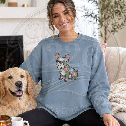 Stone blue floral French Bulldog embroidered crewneck sweatshirt lifestyle image