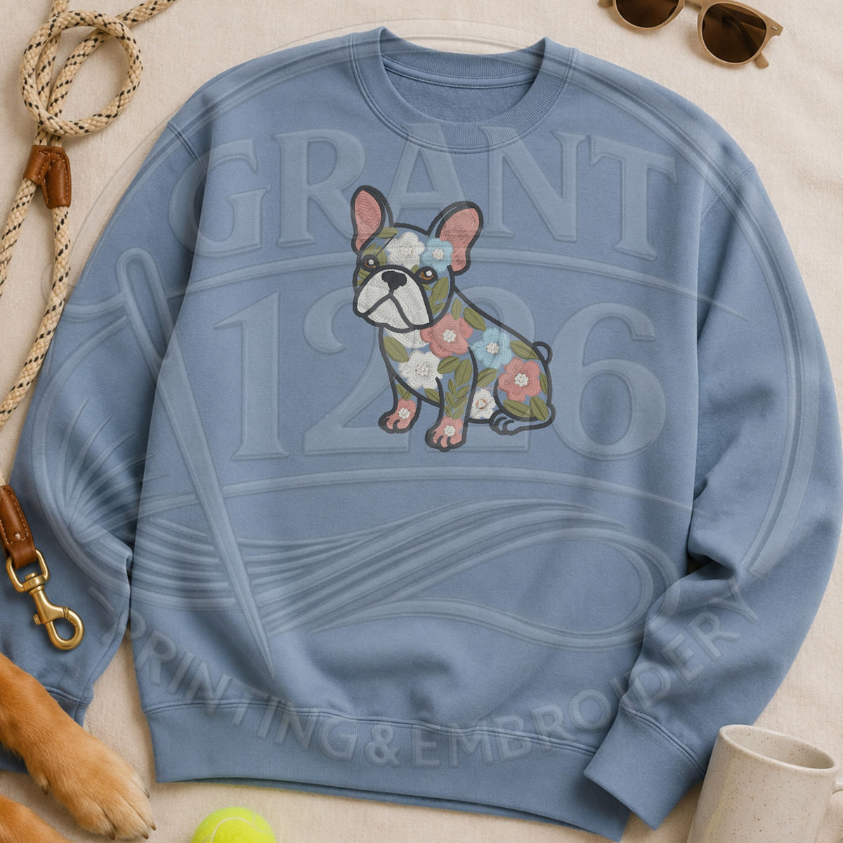 Stone blue floral French Bulldog embroidered crewneck sweatshirt flat lay