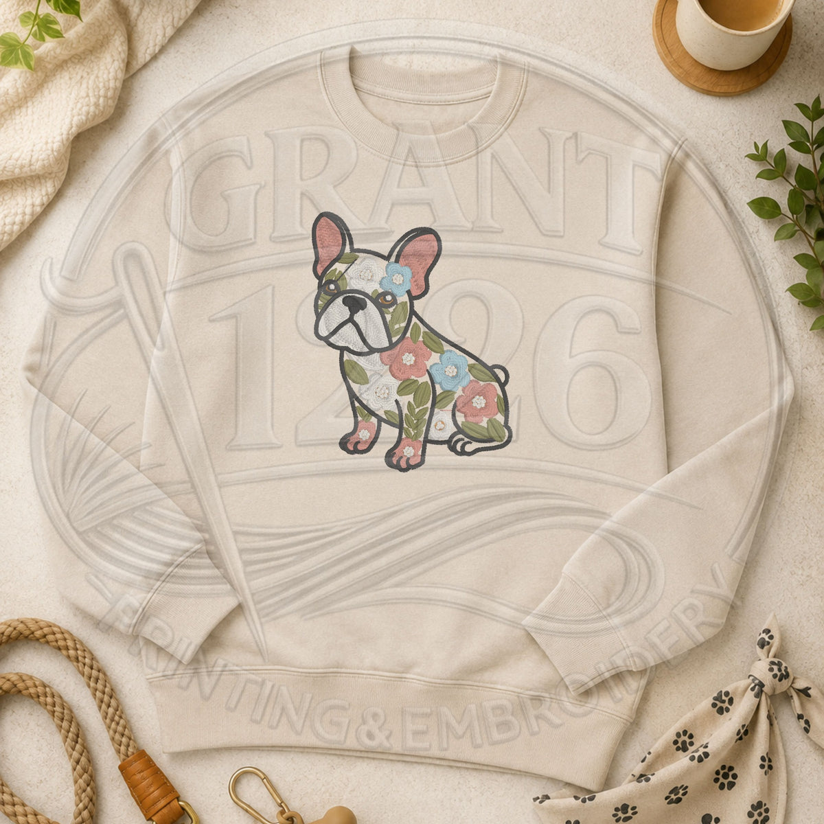 Sand floral French Bulldog embroidered crewneck sweatshirt flat lay
