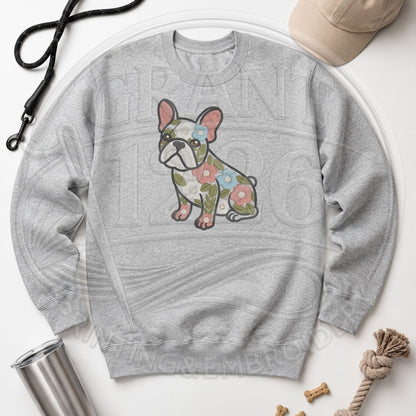 Ash floral French Bulldog embroidered crewneck sweatshirt flat lay