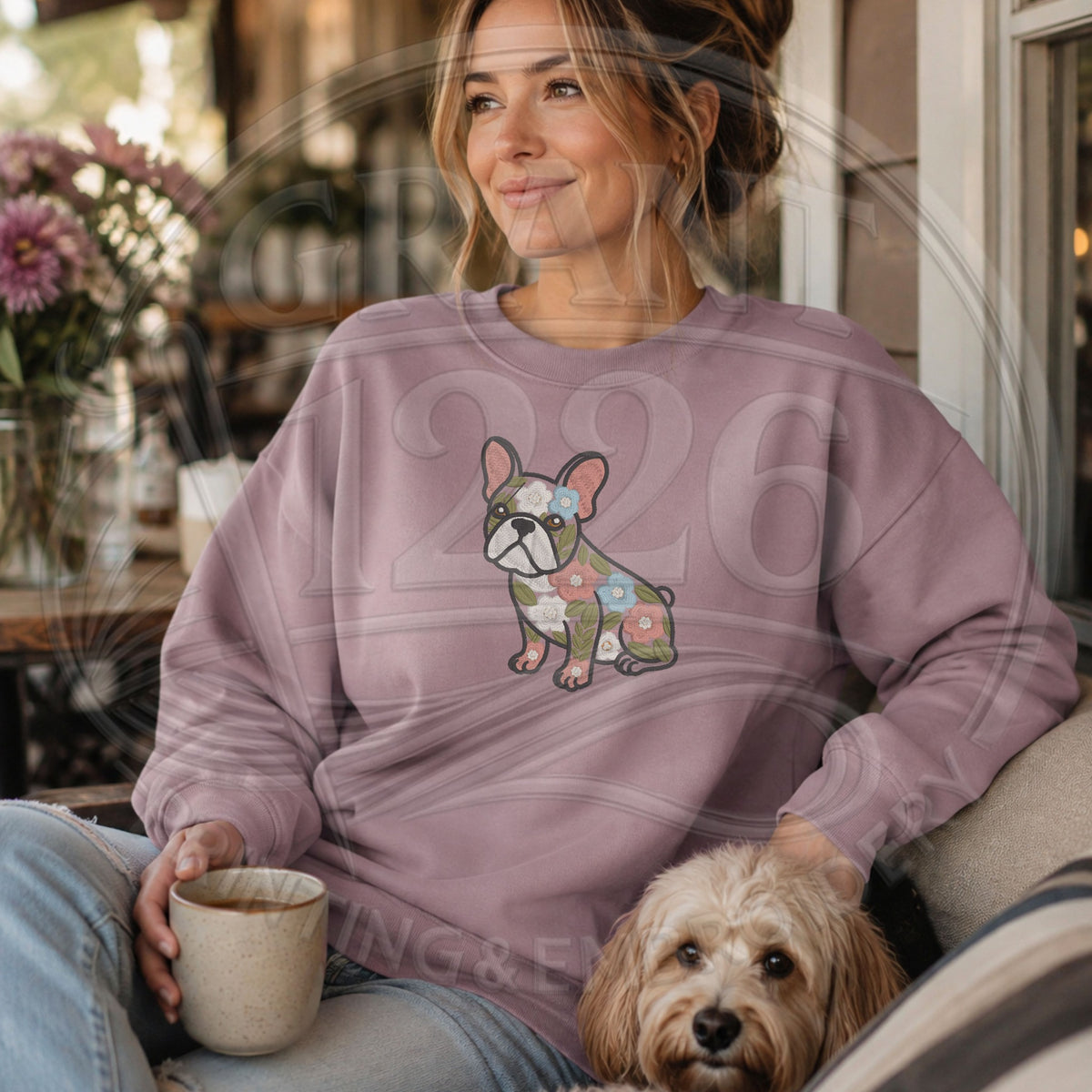 Paragon floral French Bulldog embroidered crewneck sweatshirt lifestyle image