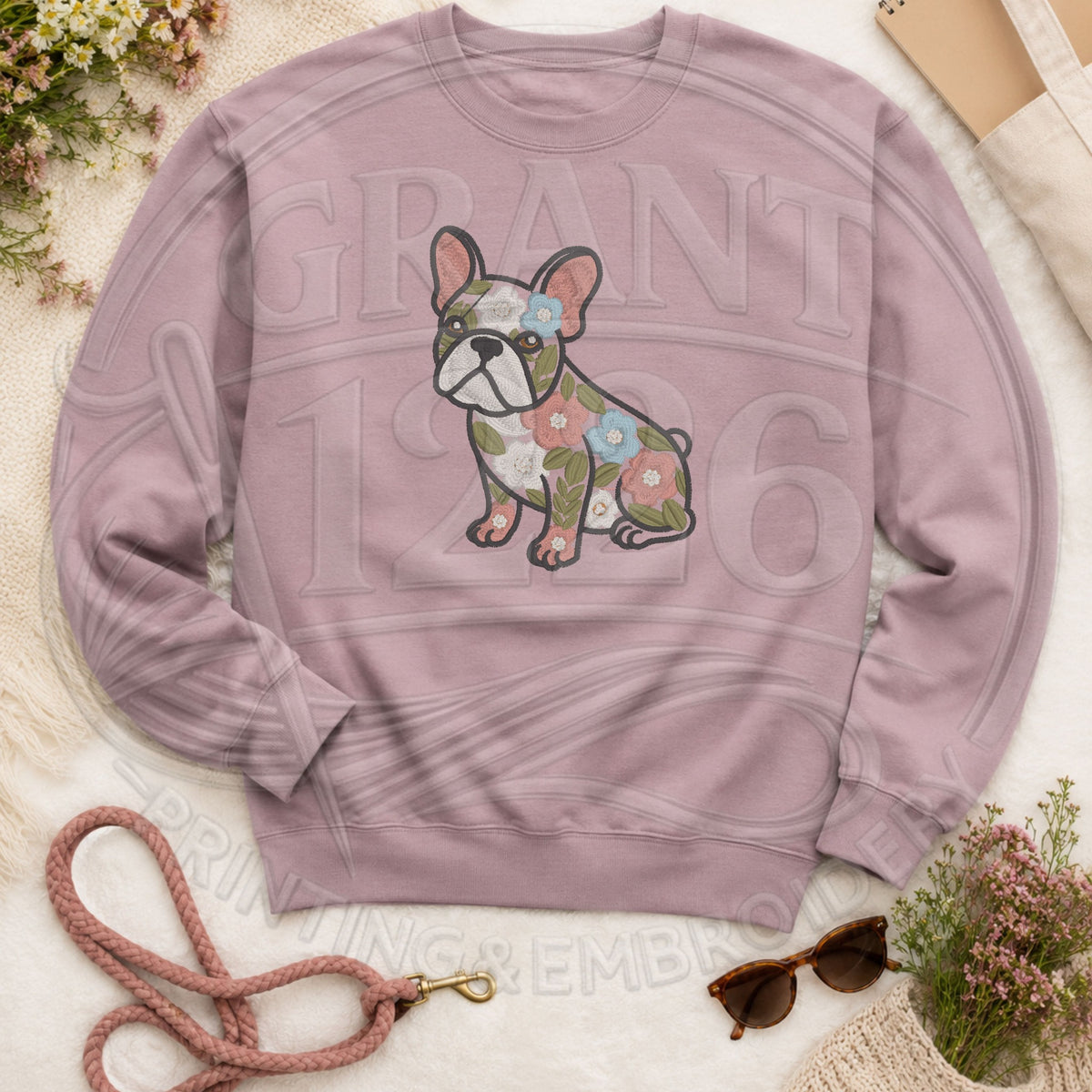Paragon floral French Bulldog embroidered crewneck sweatshirt flat lay