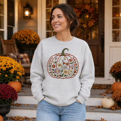 Woman wearing an Ash Gildan Softstyle floral garden pumpkin embroidered sweatshirt on an autumn porch