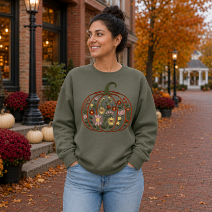 Woman wearing a Military Green Gildan Softstyle floral garden pumpkin embroidered sweatshirt in a fall town
