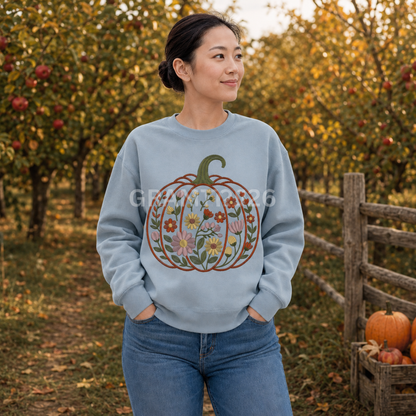 Woman wearing a Stone Blue Gildan Softstyle floral garden pumpkin embroidered sweatshirt at an apple orchard