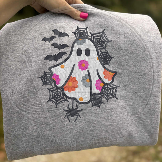 Ash floral ghost embroidered Halloween sweatshirt close-up