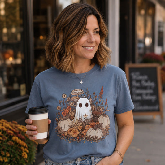 Woman wearing a Blue Jean Comfort Colors floral ghost and pumpkin Halloween shirt