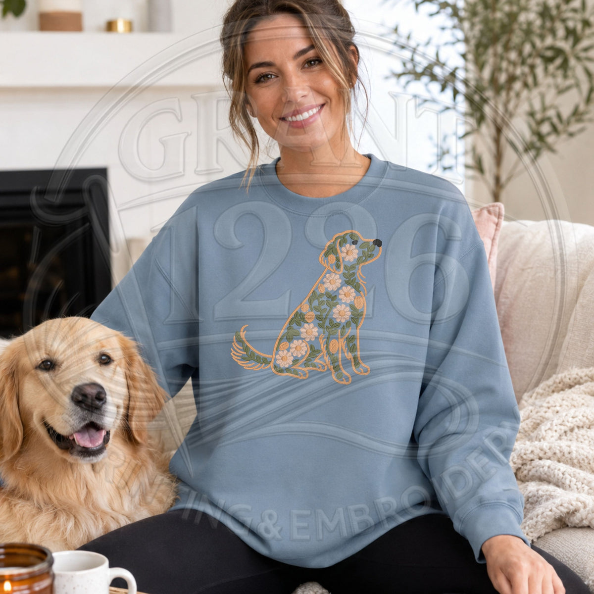Stone blue floral Golden Retriever embroidered crewneck sweatshirt lifestyle image