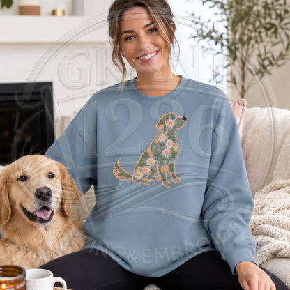 Stone blue floral Golden Retriever embroidered crewneck sweatshirt lifestyle image