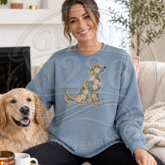 Stone blue floral Golden Retriever embroidered crewneck sweatshirt lifestyle image