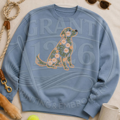 Stone blue floral Golden Retriever embroidered crewneck sweatshirt flat lay