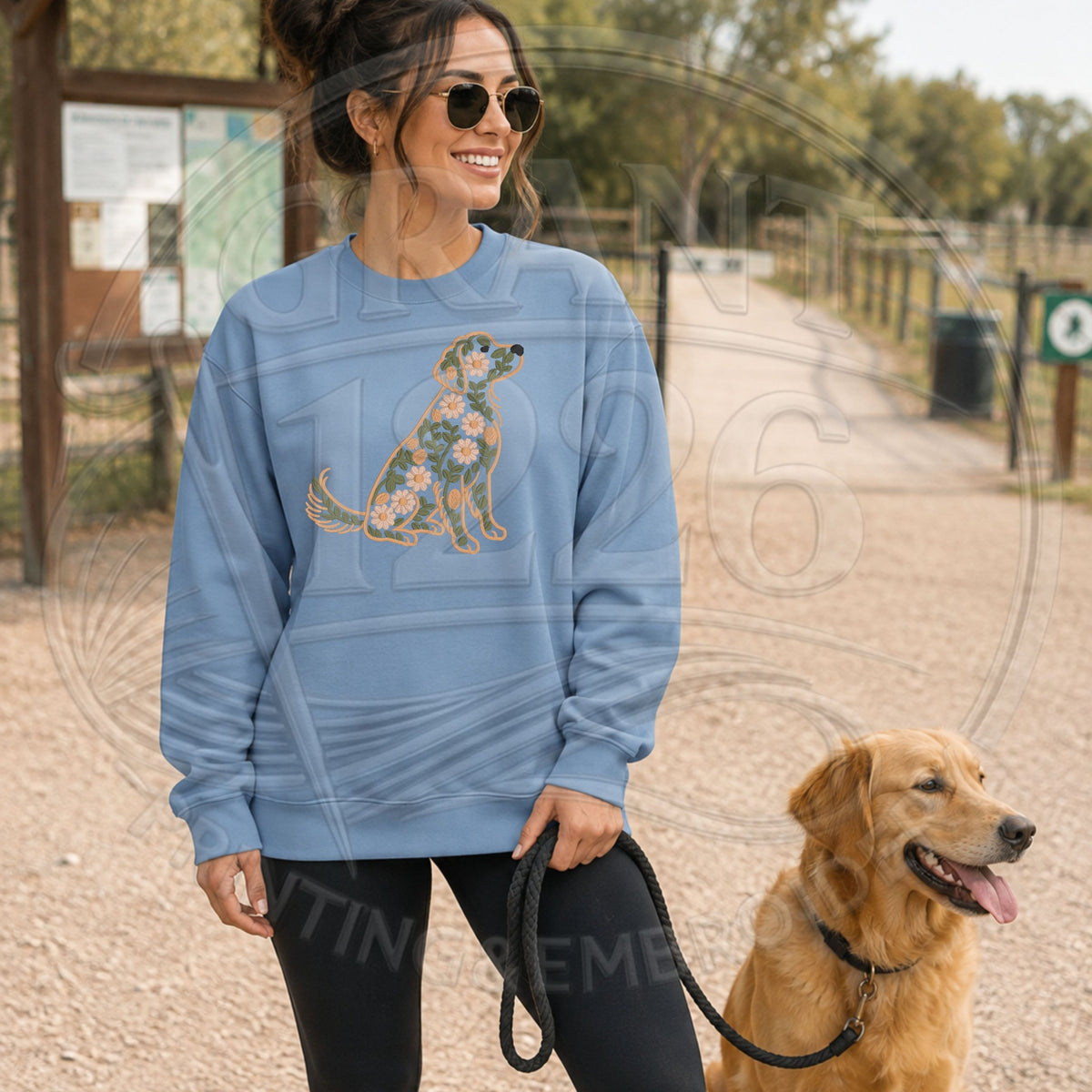 Stone blue floral Golden Retriever embroidered crewneck sweatshirt dog walking lifestyle image