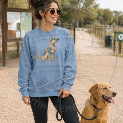 Stone blue floral Golden Retriever embroidered crewneck sweatshirt dog walking lifestyle image