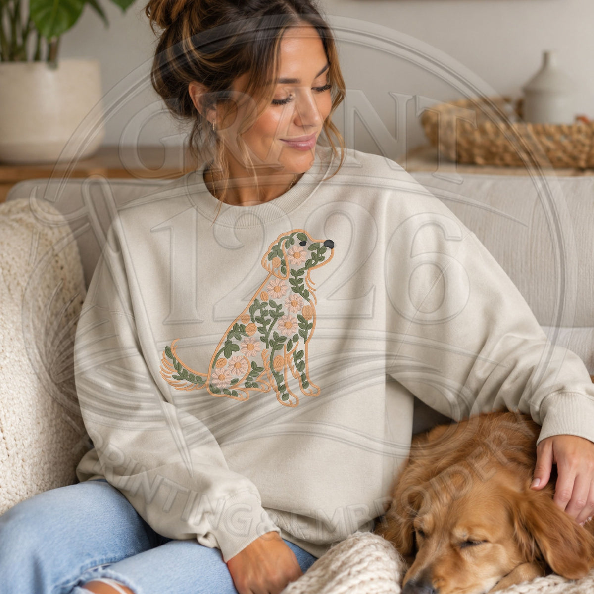 Sand floral Golden Retriever embroidered crewneck sweatshirt lifestyle image