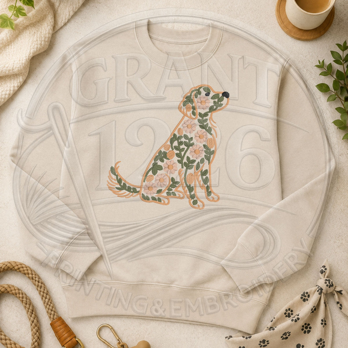 Sand floral Golden Retriever embroidered crewneck sweatshirt flat lay