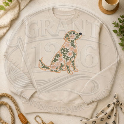 Sand floral Golden Retriever embroidered crewneck sweatshirt flat lay