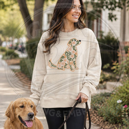 Sand floral Golden Retriever embroidered crewneck sweatshirt outdoor lifestyle image