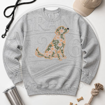 Ash floral Golden Retriever embroidered crewneck sweatshirt flat lay