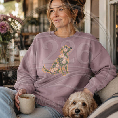 Paragon floral Golden Retriever embroidered crewneck sweatshirt lifestyle image