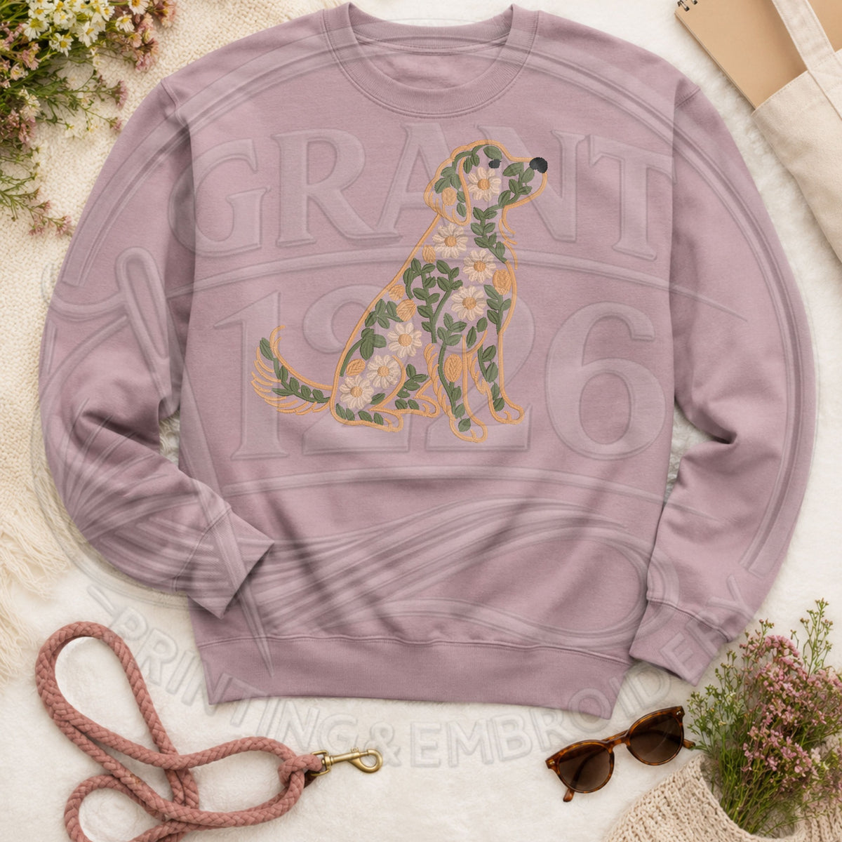 Paragon floral Golden Retriever embroidered crewneck sweatshirt flat lay