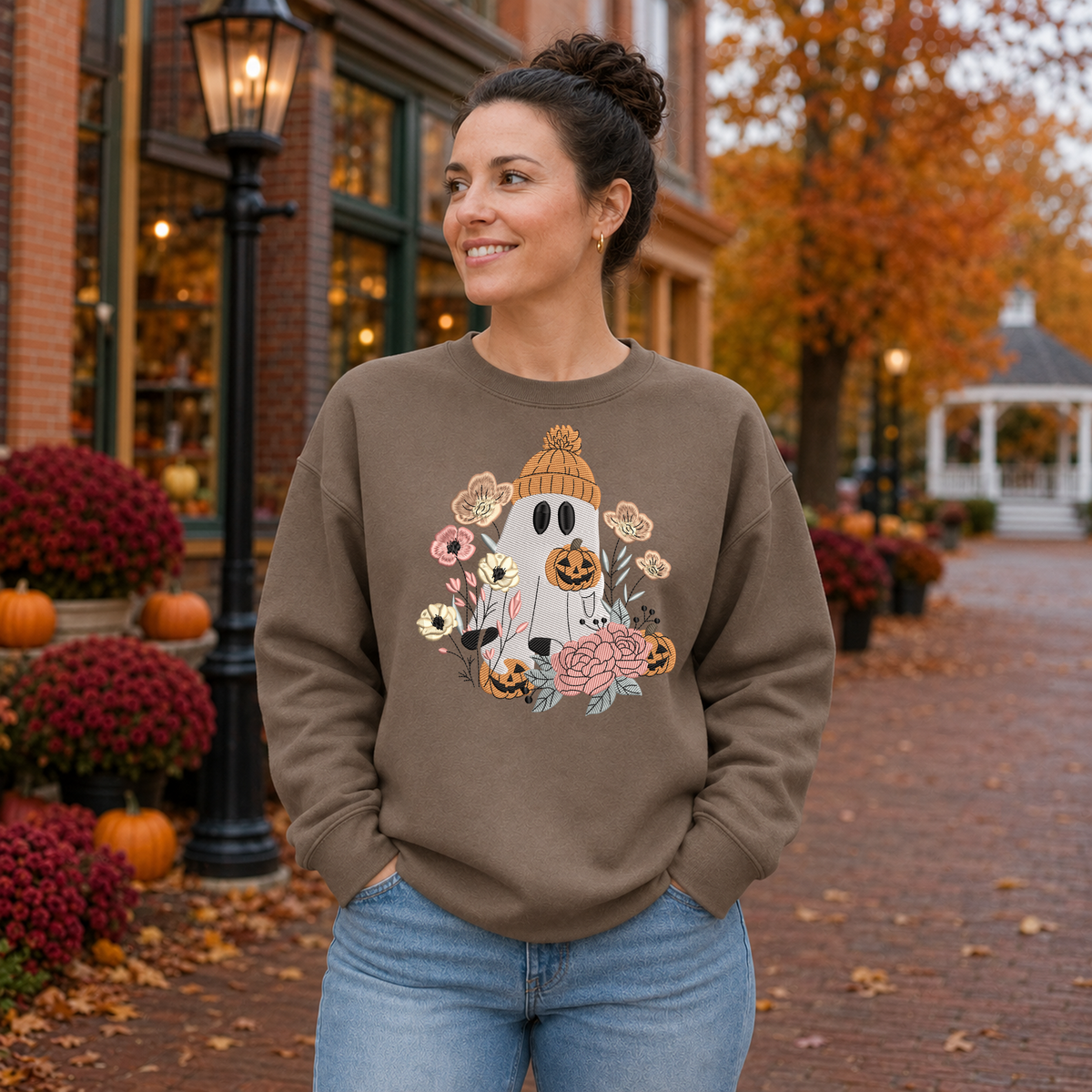 Floral Halloween ghost embroidered Gildan Softstyle sweatshirt in Brown Savanna, fall lifestyle mockup