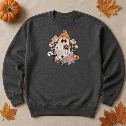 Dark Heather floral ghost Halloween embroidered crewneck sweatshirt flat lay with autumn leaves