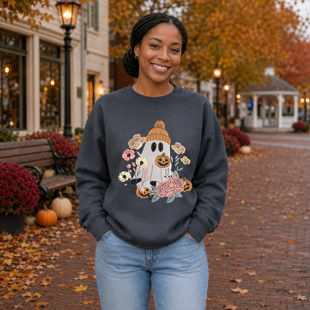 Floral Halloween ghost embroidered Gildan Softstyle sweatshirt in Dark Heather, fall lifestyle mockup