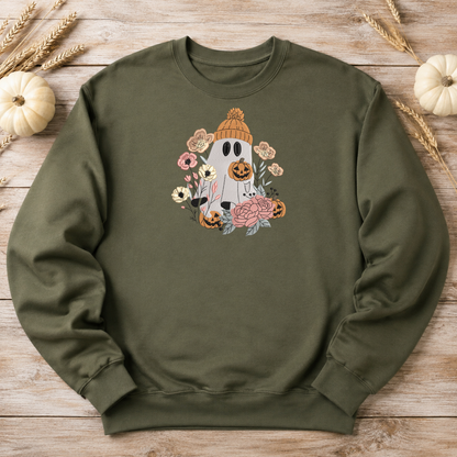 Military Green floral ghost Halloween embroidered crewneck sweatshirt pumpkin flat lay