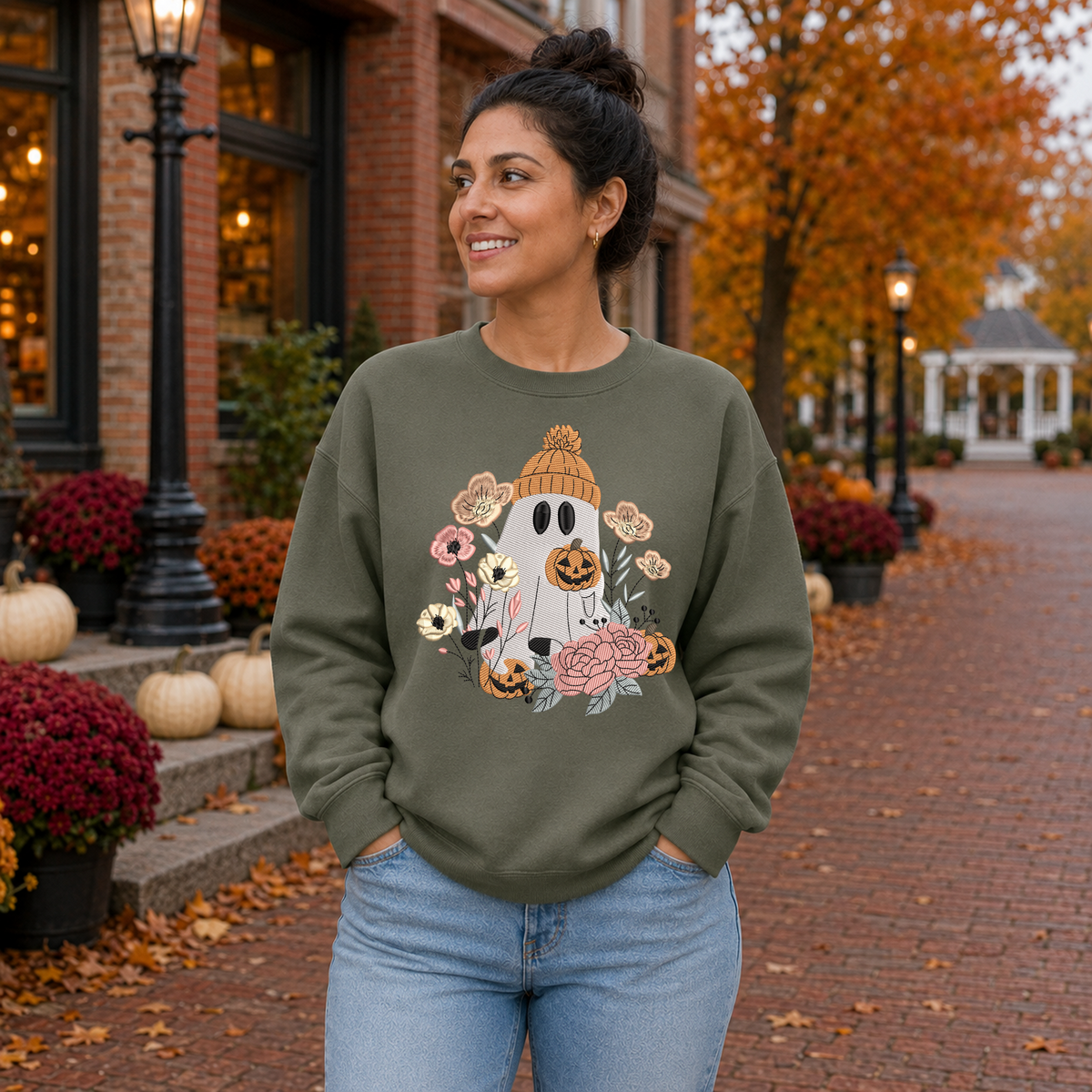 Floral Halloween ghost embroidered Gildan Softstyle sweatshirt in Military Green, fall lifestyle mockup