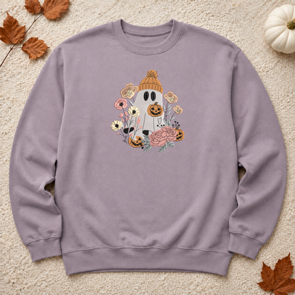 Paragon lavender floral ghost Halloween embroidered crewneck sweatshirt fall flat lay