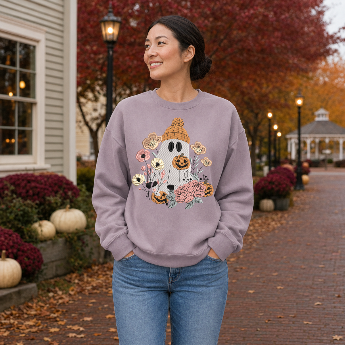 Floral Halloween ghost embroidered Gildan Softstyle sweatshirt in Paragon lavender, fall lifestyle mockup