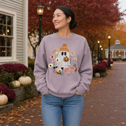 Floral Halloween ghost embroidered Gildan Softstyle sweatshirt in Paragon lavender, fall lifestyle mockup