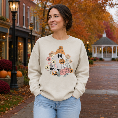 Floral Halloween ghost embroidered Gildan Softstyle sweatshirt in Sand, fall lifestyle mockup