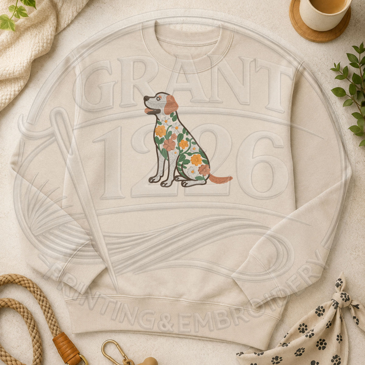 Ivory crewneck sweatshirt featuring a floral embroidered Labrador Retriever design in a dog themed flat lay.