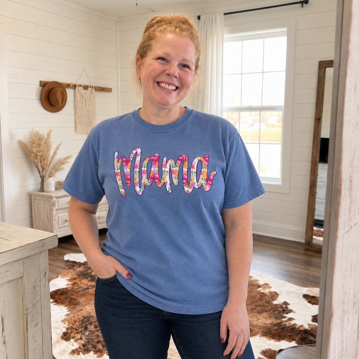 Blue Jean floral Mama Comfort Colors shirt lifestyle view