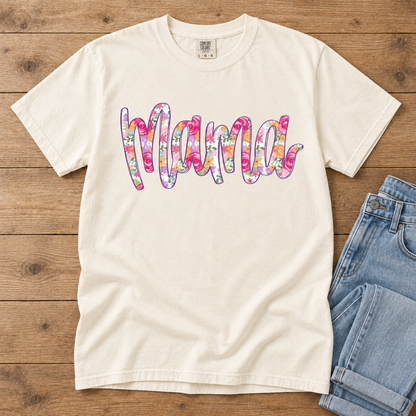 Ivory Comfort Colors floral Mama graphic shirt flat lay