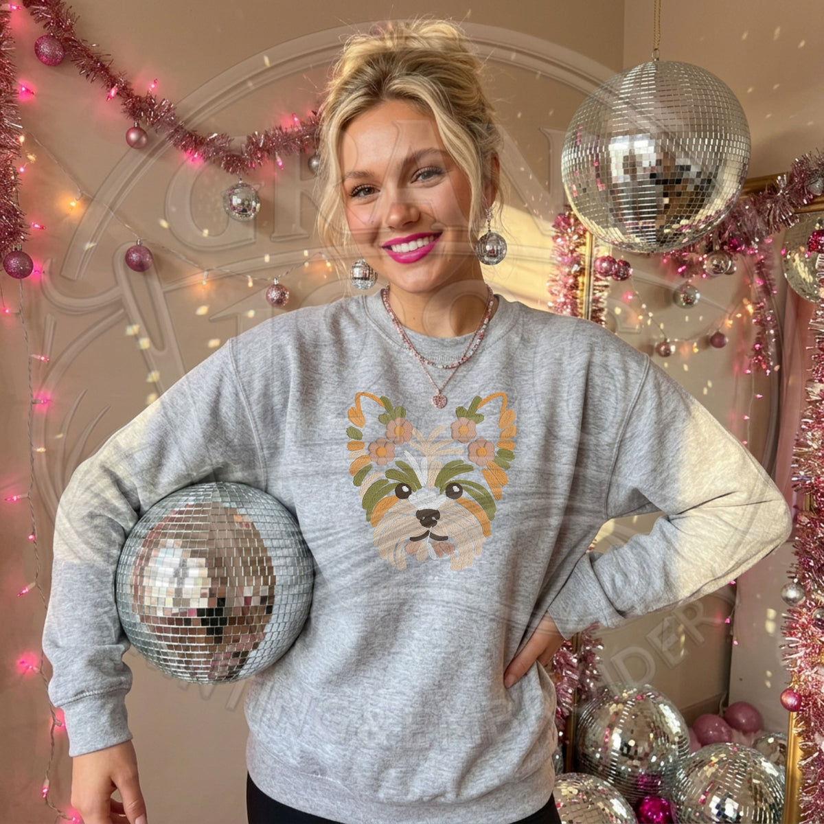 floral Yorkie embroidered Gildan Softstyle Ash crewneck sweatshirt modeled
