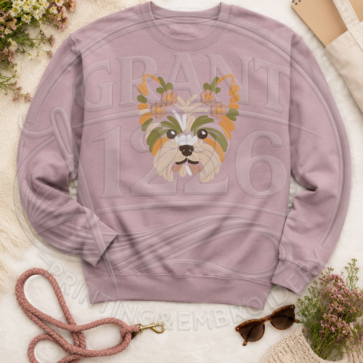 floral Yorkie embroidery on Gildan Softstyle Paragon crewneck flat lay