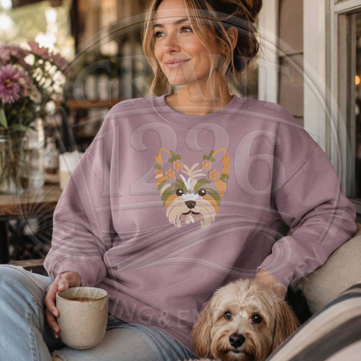 floral Yorkie embroidered Gildan Softstyle Paragon crewneck modeled with dog