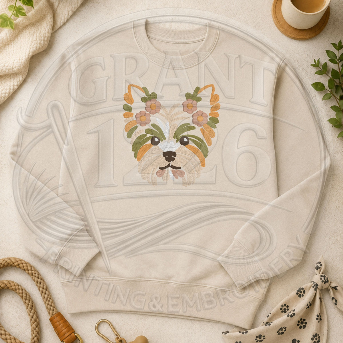 floral Yorkie embroidery on Gildan Softstyle Ivory crewneck flat lay