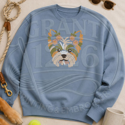 floral Yorkie embroidery on Gildan Softstyle Stone Blue crewneck flat lay