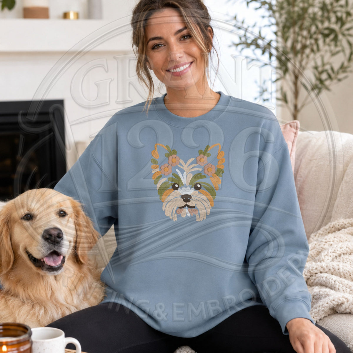 floral Yorkie embroidered Gildan Softstyle Stone Blue crewneck sweatshirt modeled with dog
