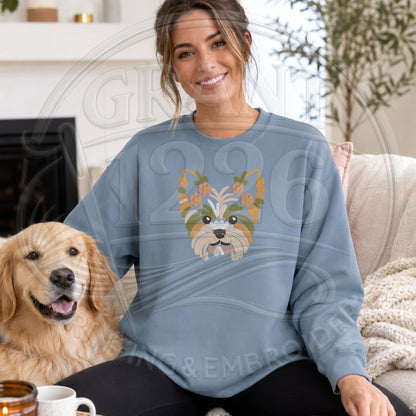 floral Yorkie embroidered Gildan Softstyle Stone Blue crewneck sweatshirt modeled with dog