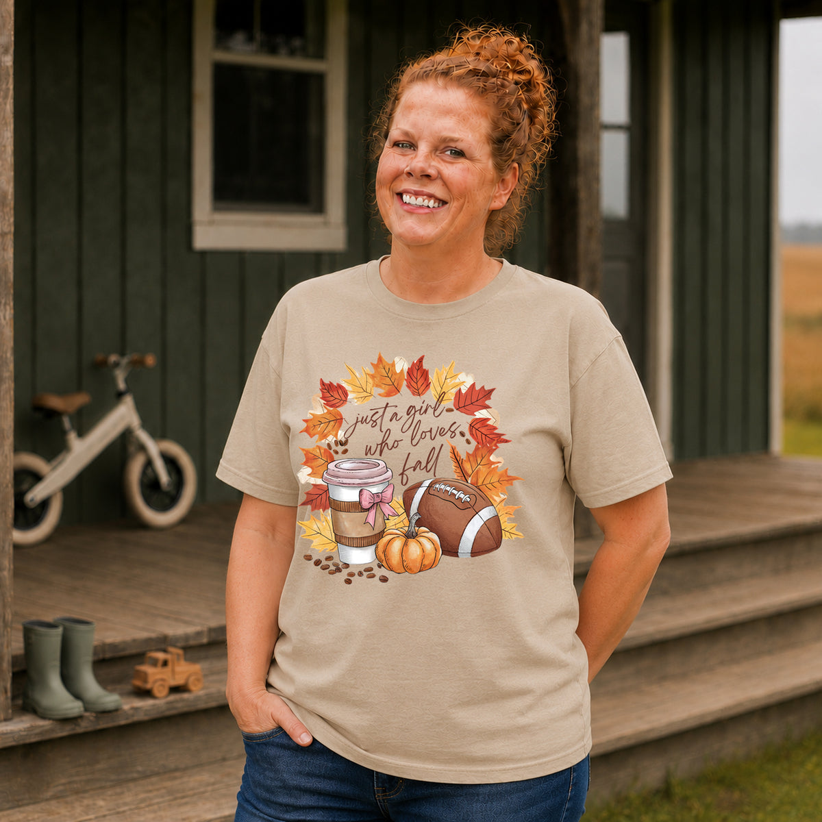Sandstone Comfort Colors football coffee pumpkin fall graphic T-shirt for women