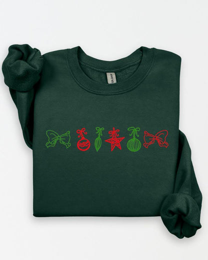 Forest Green Gildan 18000 Christmas ornaments embroidered sweatshirt flat lay
