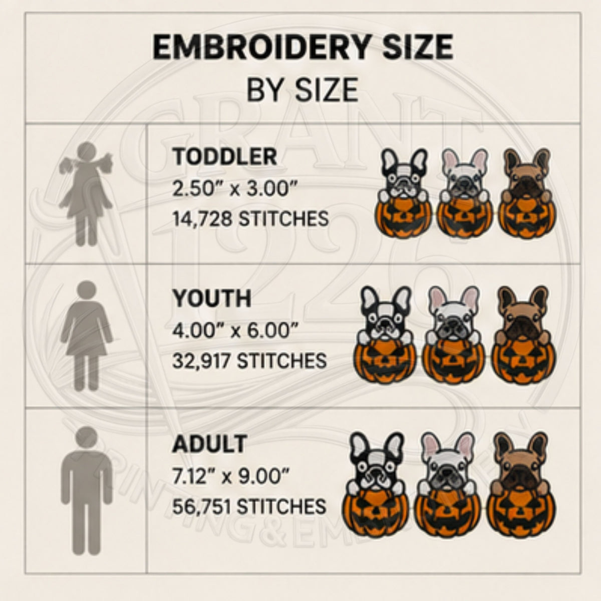 French Bulldog pumpkin embroidery size guide for toddler and youth sweatshirts