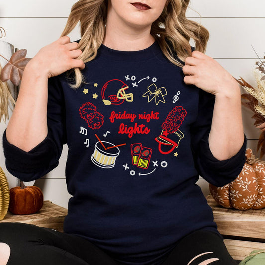 Navy Friday Night Lights embroidered sweatshirt with football, cheer and band icons