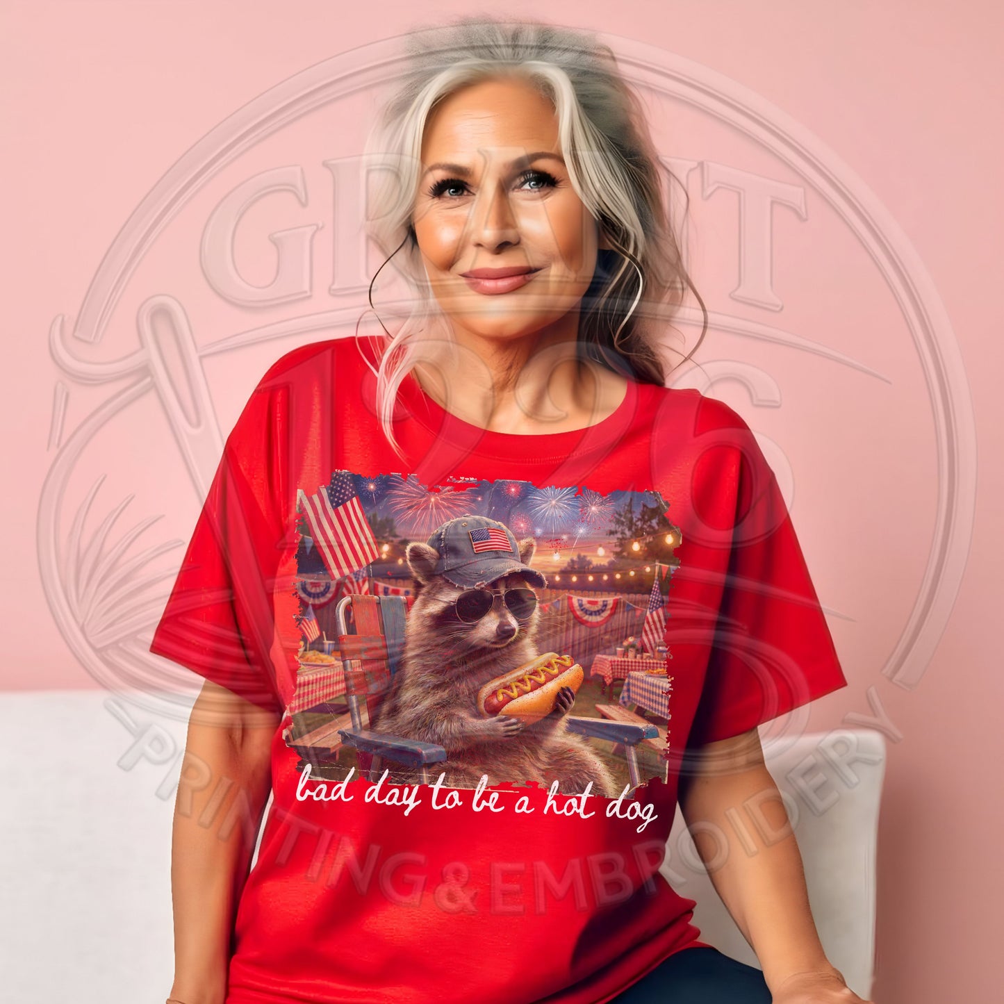 Funny patriotic raccoon shirt for women with fireworks