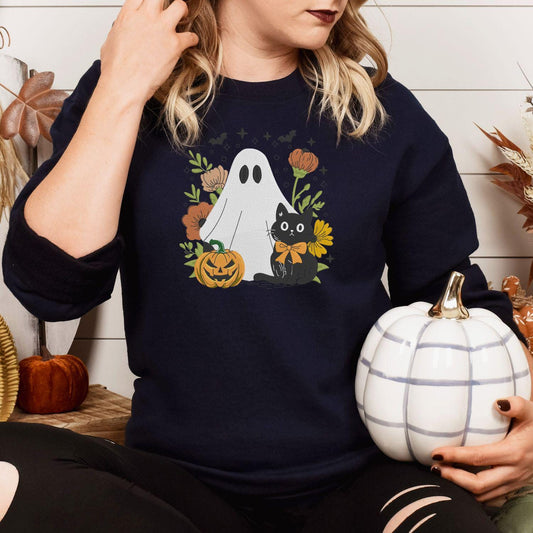 Navy ghost and black cat embroidered sweatshirt with pumpkin, lifestyle view
