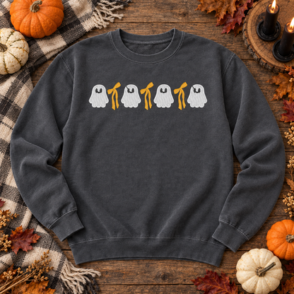 Pepper ghost and bow embroidered sweatshirt flat lay with pumpkins and Halloween styling